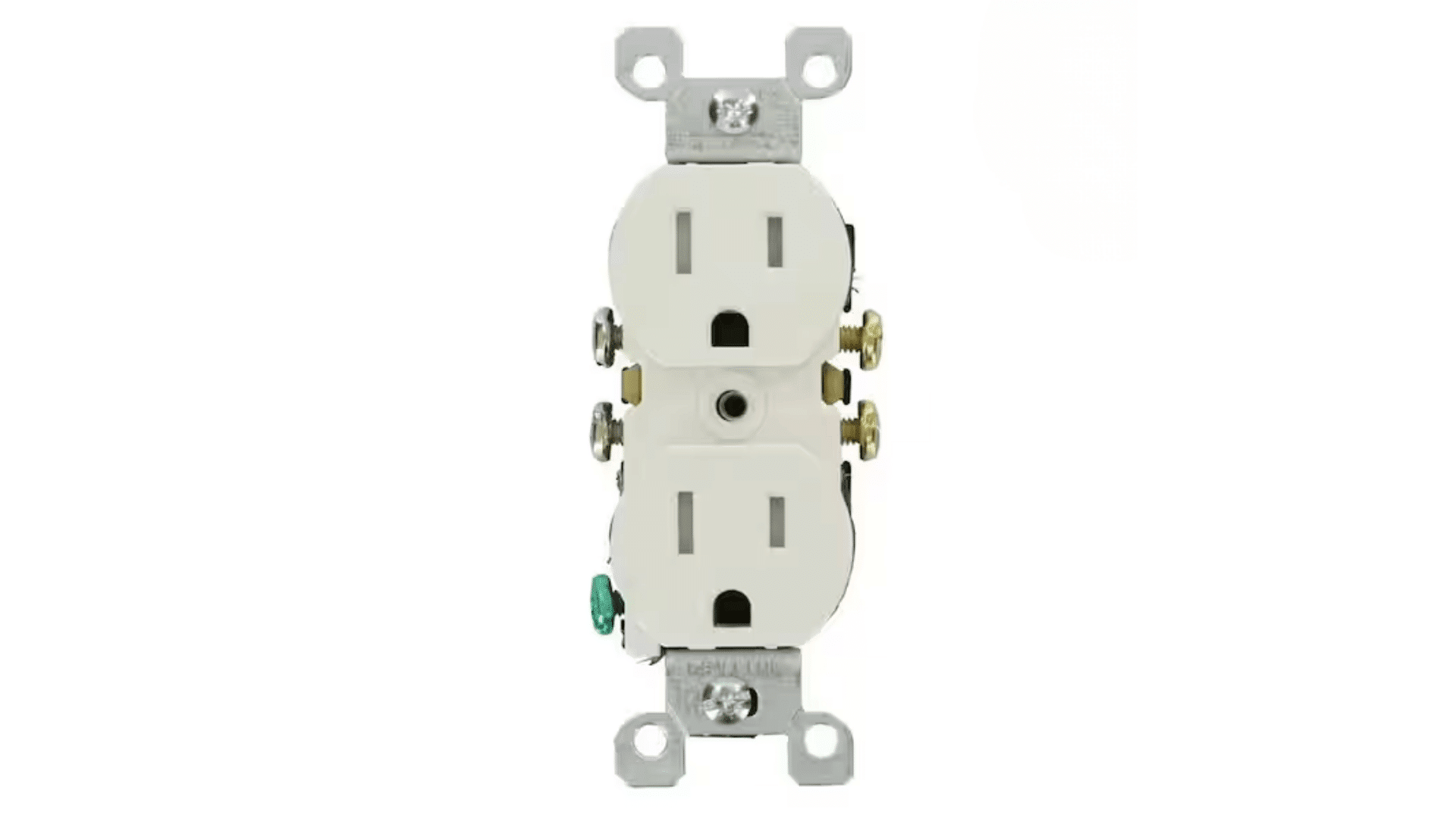 tamper resistant outlet with golden silver and green bolts on the side in a white background