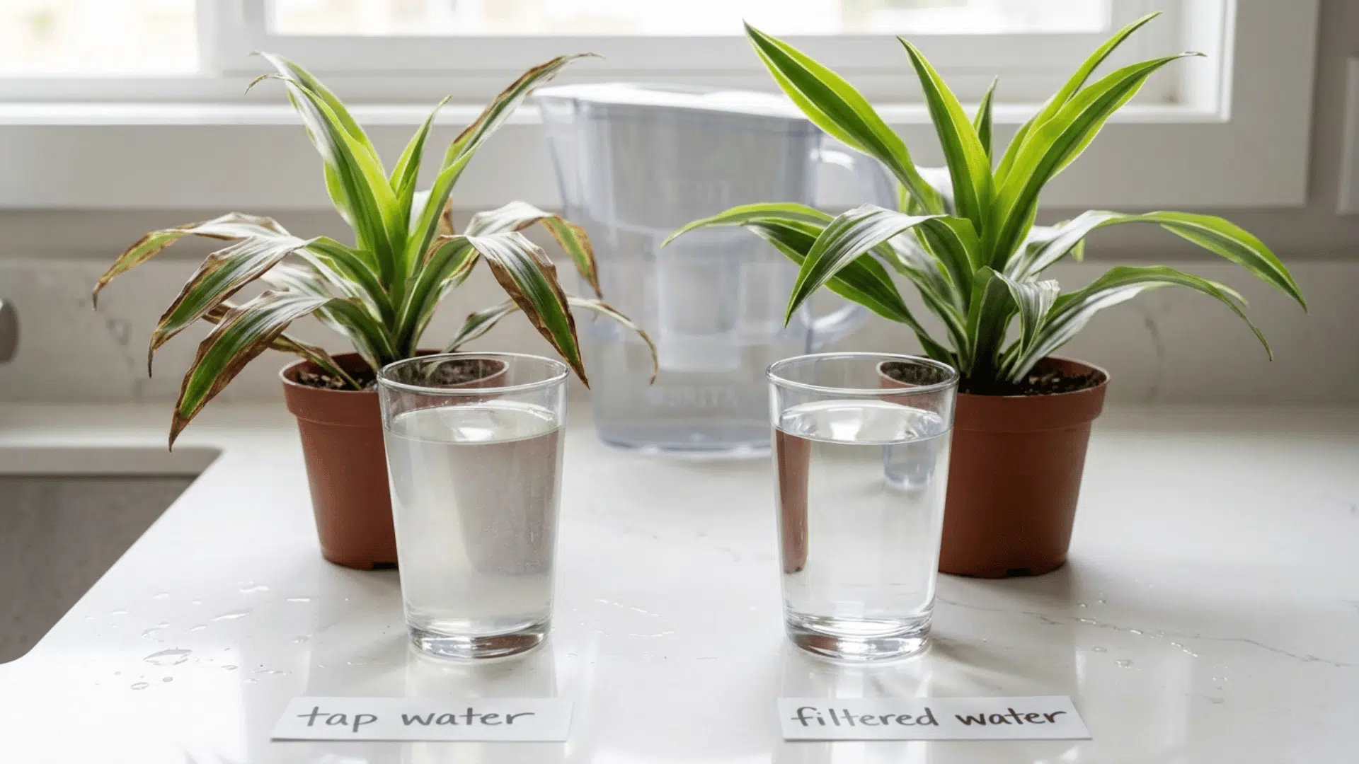 tap water next to a corn plant with brown tips compared to filtered water next to a healthy plant