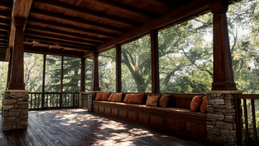 tapered wood columns on stone bases and warm earth tones define this classic pacific northwest look
