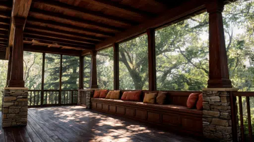 tapered wood columns on stone bases and warm earth tones define this classic pacific northwest look