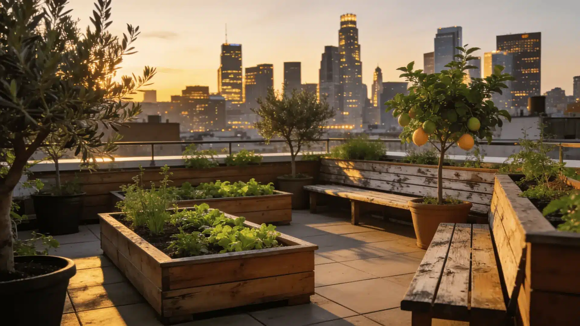 a modern rooftop terrace garden with raised planters cozy outdoor seating and a city skyline view