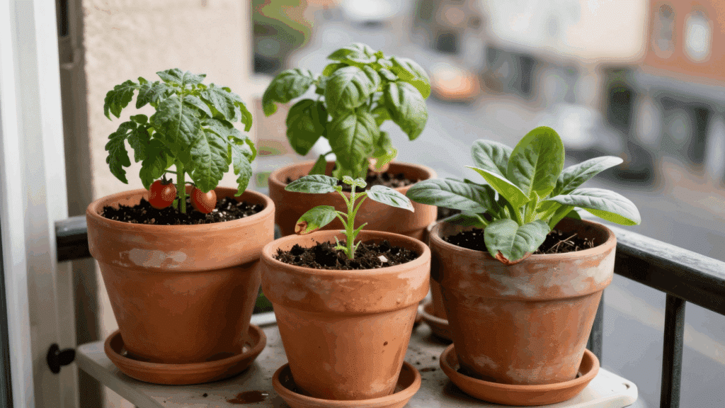 terracotta and ceramic pots with basil cherry tomatoes and spinach on a narrow apartment balcony in morning light