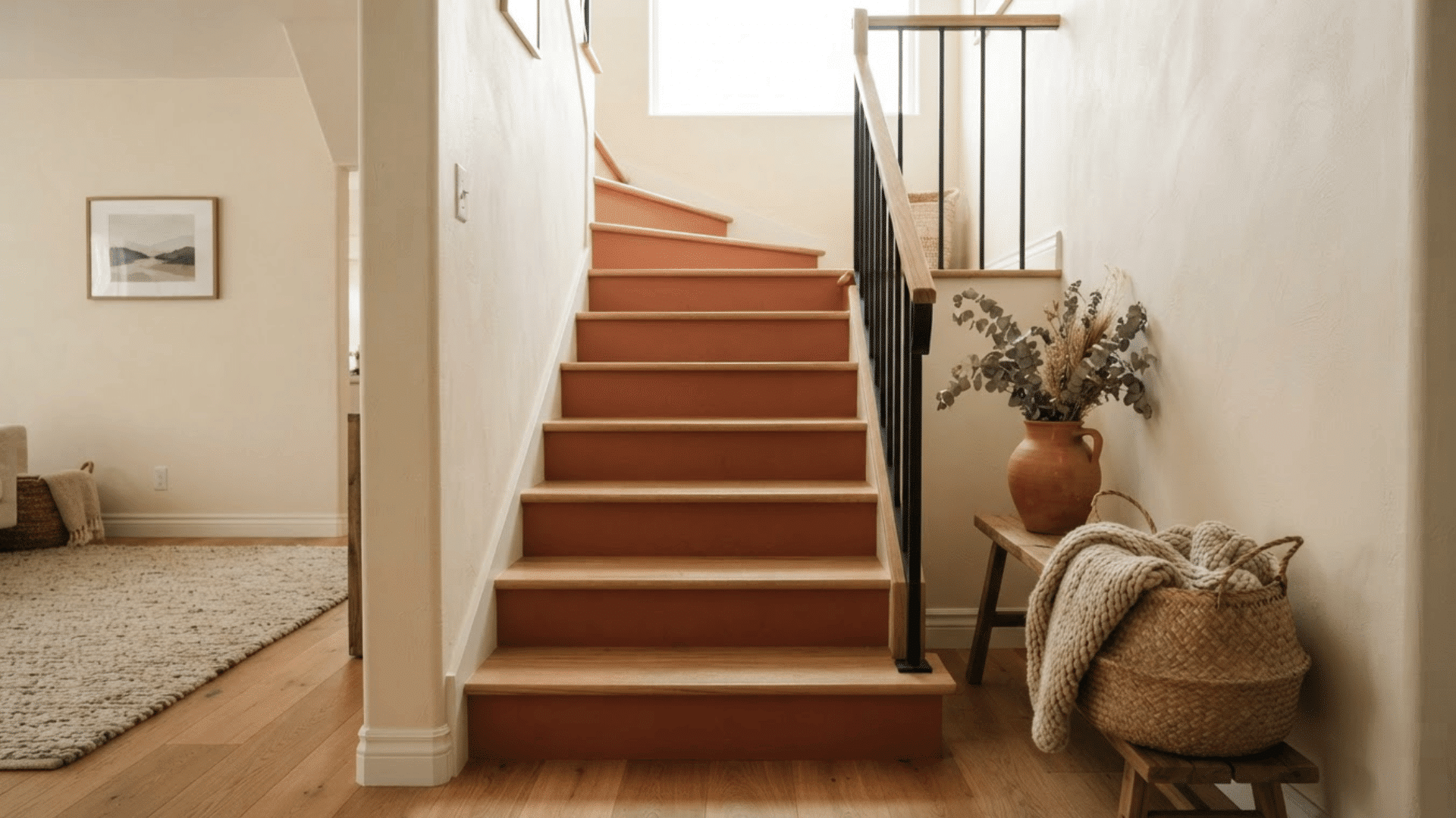 terracotta painted stair risers with natural wood treads cream walls and black railing