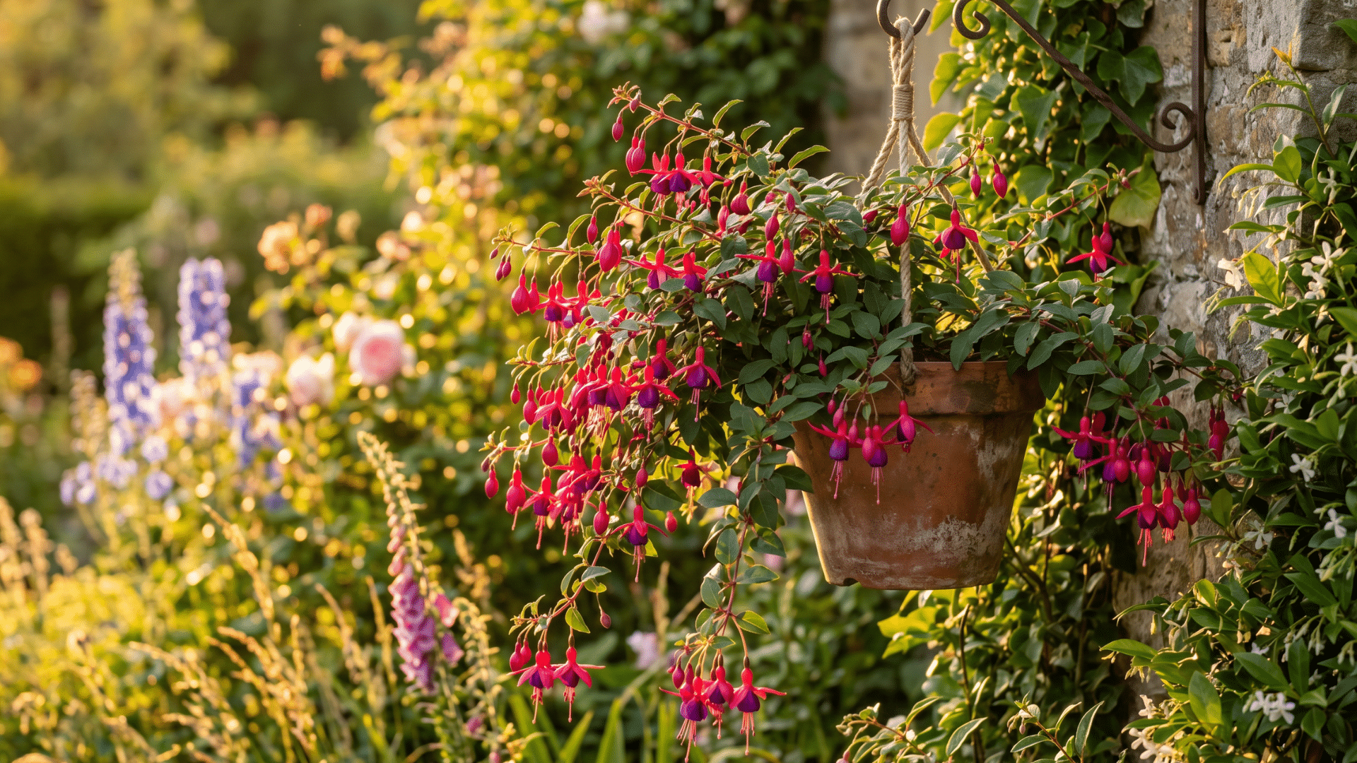 terracotta pot of fuchsia flowers hangs from a bracket on a stone wall, with a garden of delphiniums and roses in the background bathed in golden sunlight.