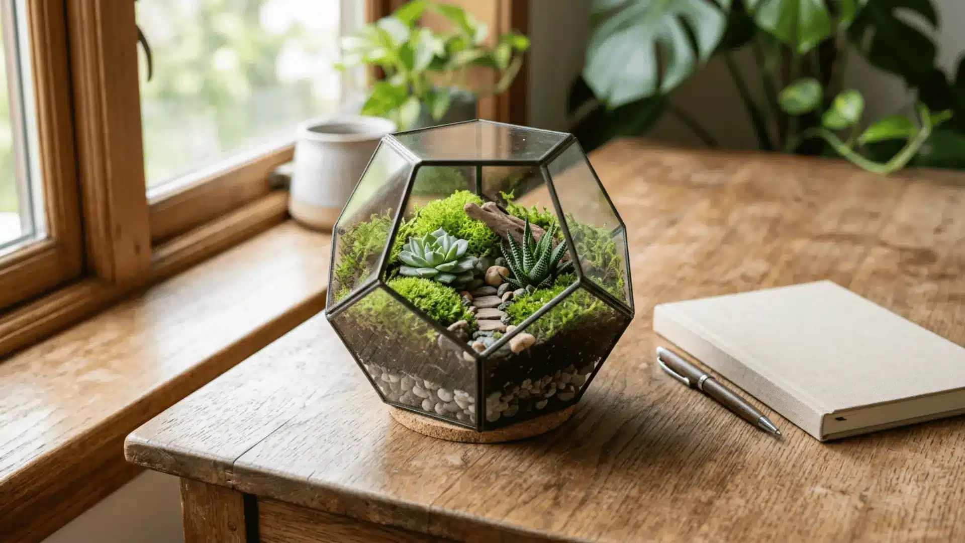 glass terrarium with succulents moss stones and driftwood on a rustic table beside a notebook and pen by a window