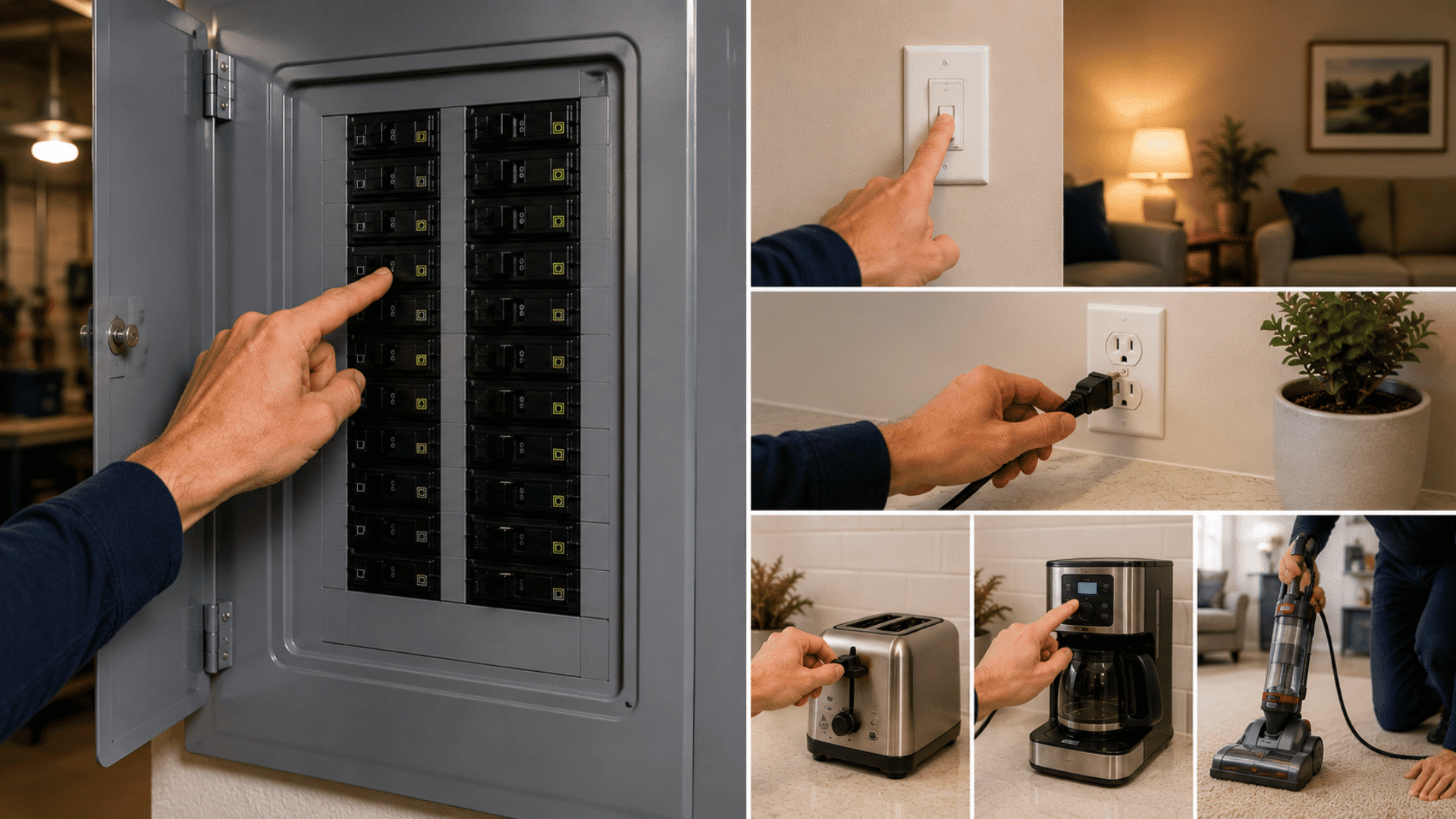 testing restored circuit by checking lights outlets and household appliances after breaker reset