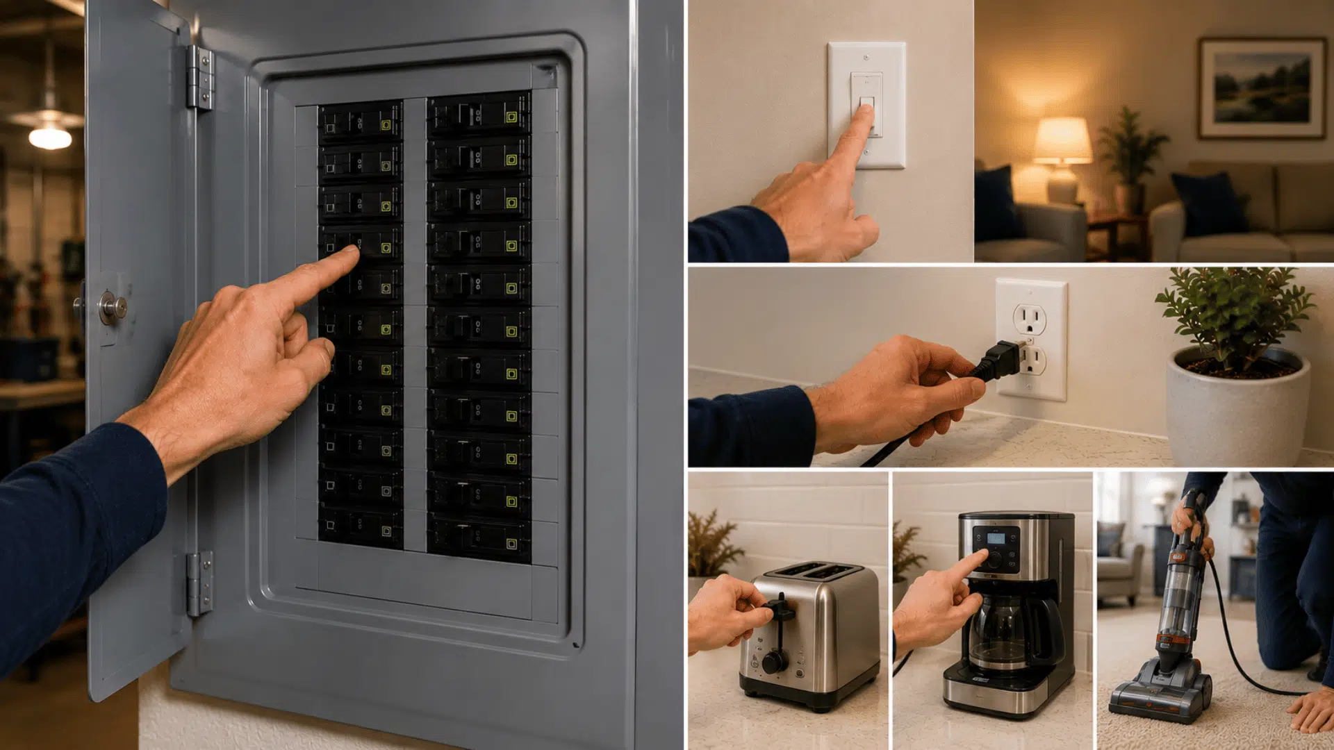 testing restored circuit by checking lights outlets and household appliances after breaker reset