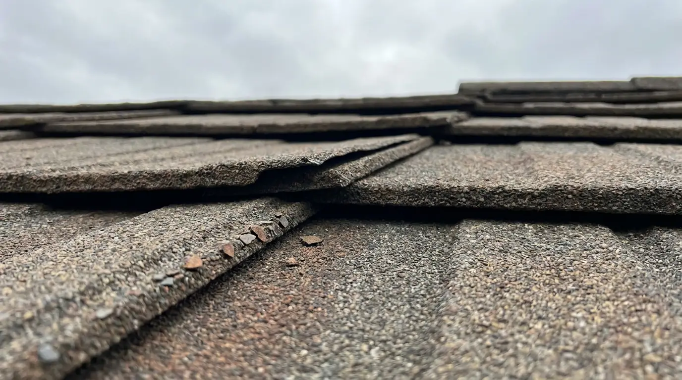 Close-up of worn asphalt shingles on a roof under cloudy sky