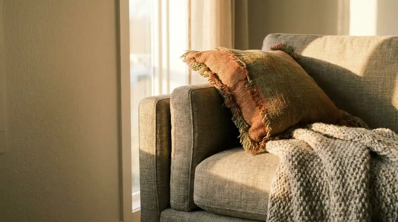 Cozy beige sofa with textured pillow and knit blanket in warm natural light