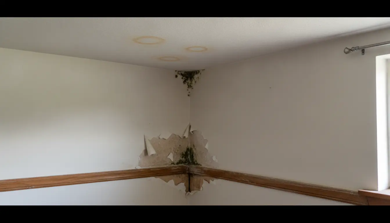 Damaged wall and ceiling with mold growth in poorly lit room corner
