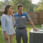 Technician showing outdoor air conditioning unit to homeowner in sunny backyard with flowers