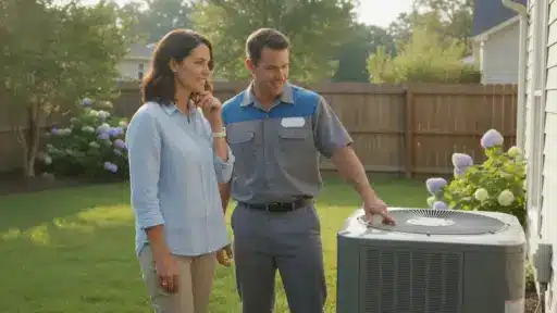 Technician showing outdoor air conditioning unit to homeowner in sunny backyard with flowers