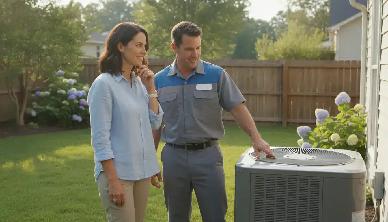Technician showing outdoor air conditioning unit to homeowner in sunny backyard with flowers