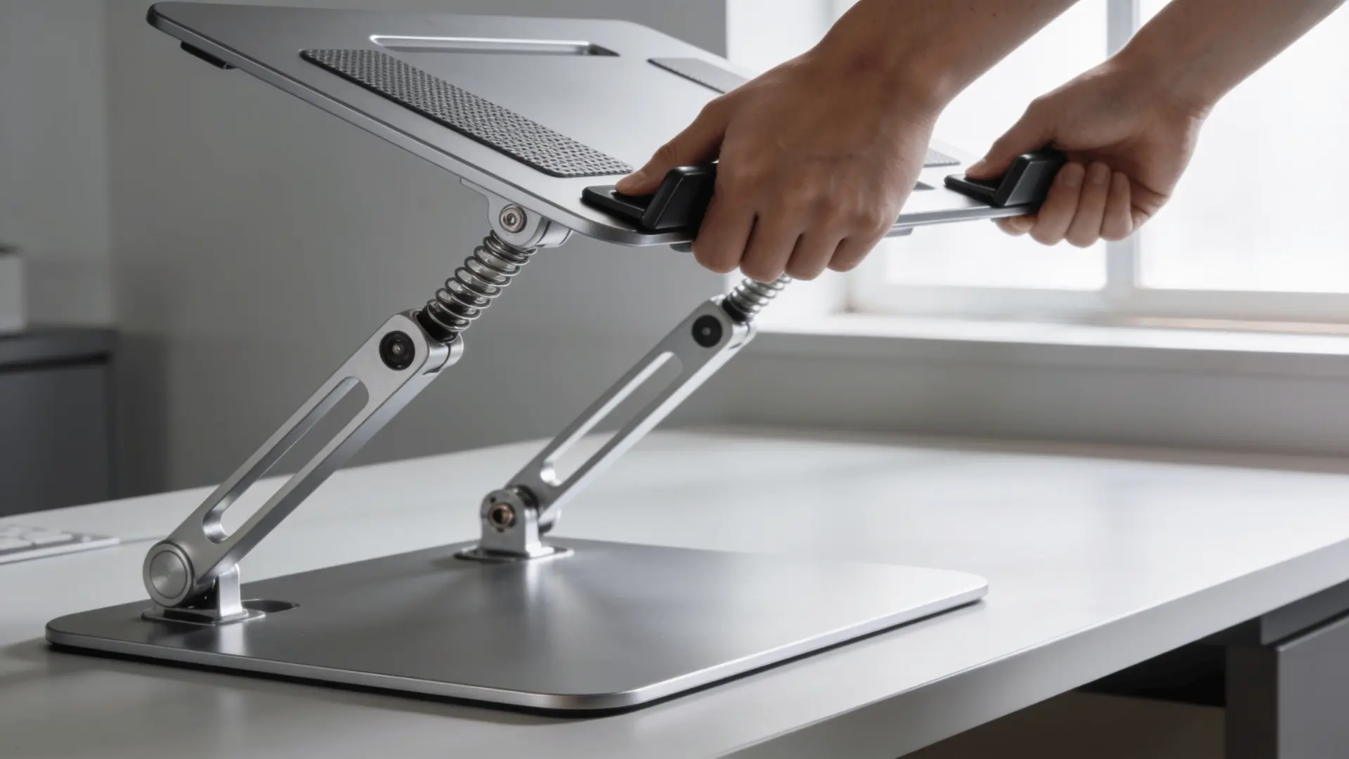 photorealistic shot showing the side profile of a gas-spring standing desk converter being smoothly lifted