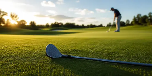 Golf club lying on grass with golfer putting in the background at sunset
