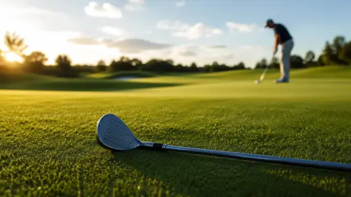 Golf club lying on grass with golfer putting in the background at sunset