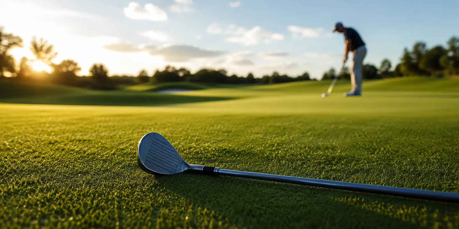 Golf club lying on grass with golfer putting in the background at sunset