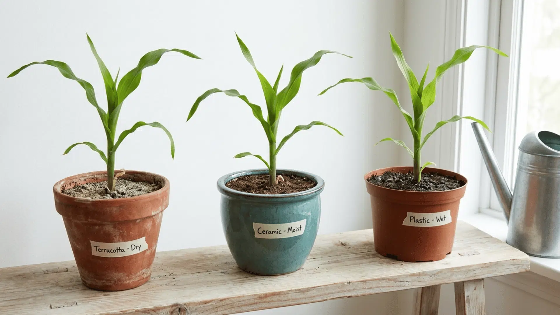 three corn plants in terracotta ceramic and plastic pots showing how pot material affects watering needs