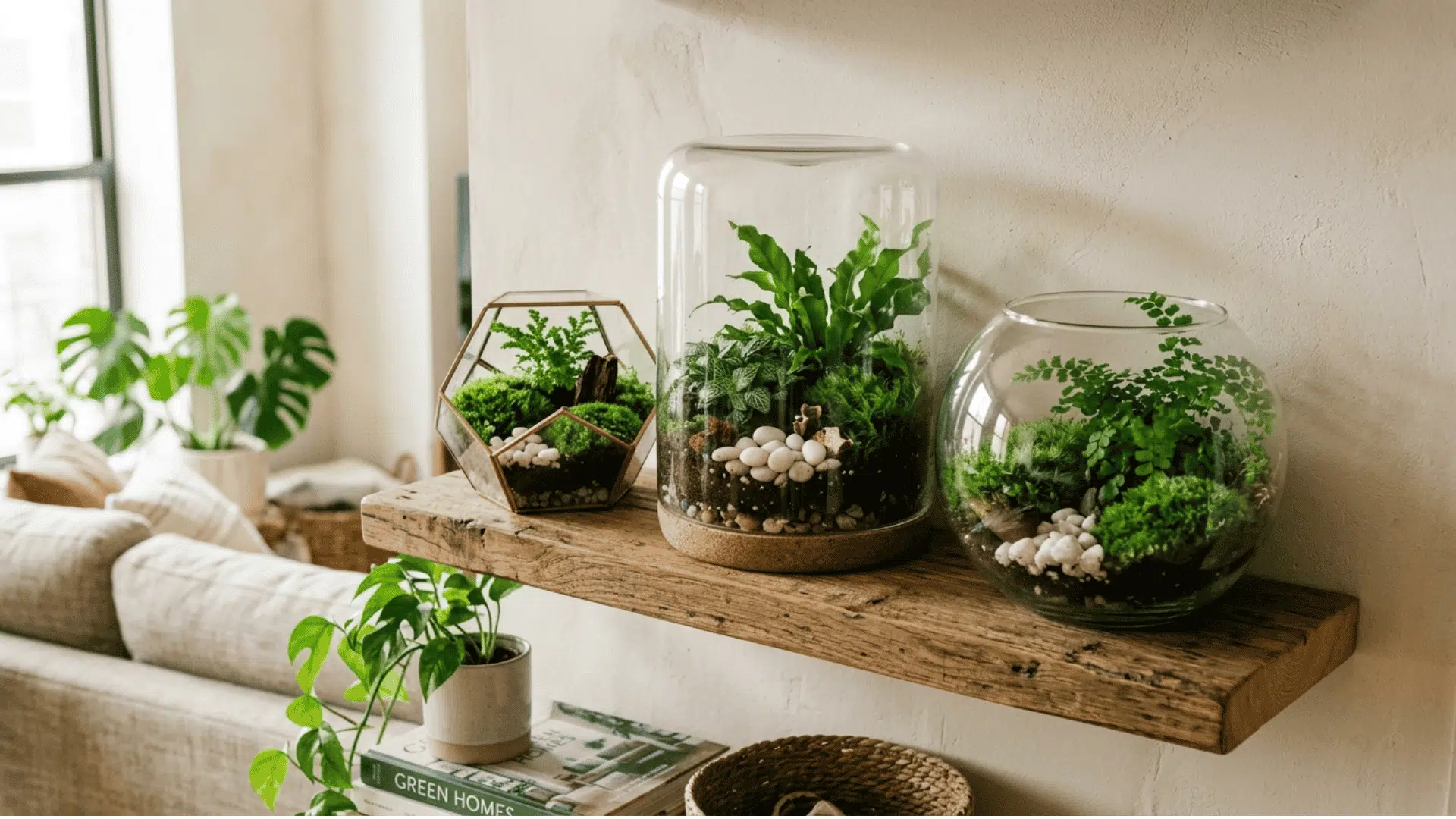 three glass terrariums of different shapes filled with moss ferns and pebbles arranged on a rustic wooden floating shelf in a sunny living room