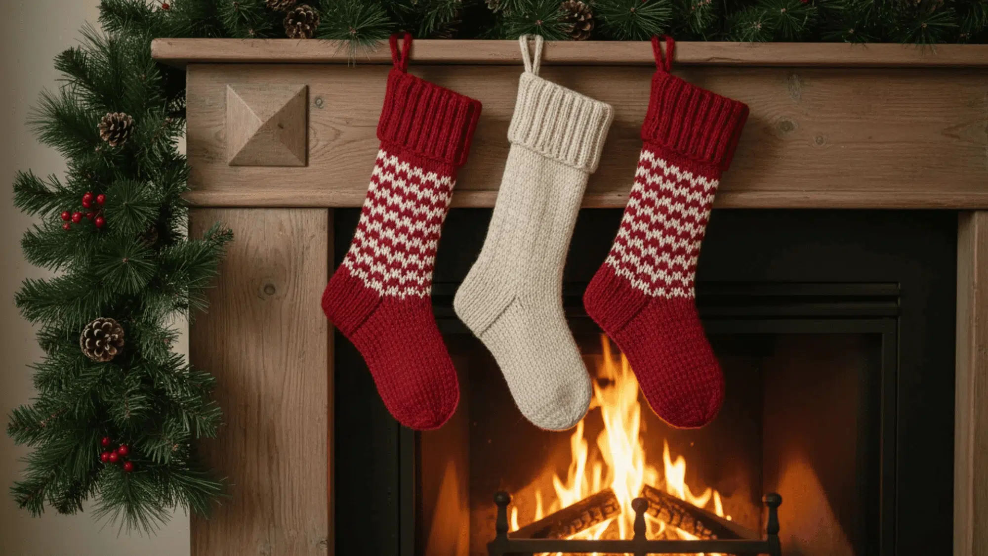 three hand-knit cream and red Christmas stockings hanging from a wooden mantel