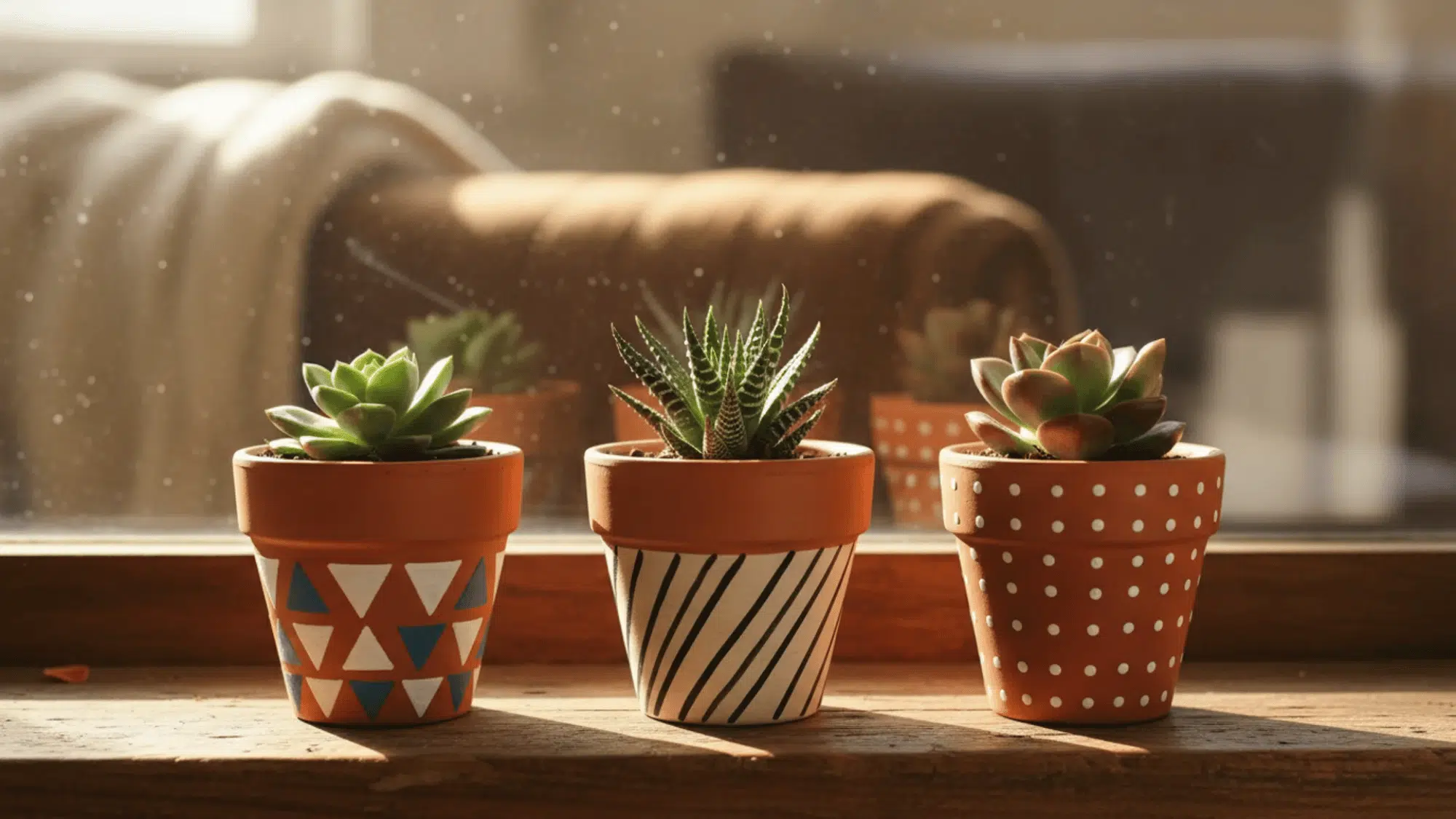 three hand-painted terracotta pots with succulents on a wooden windowsill