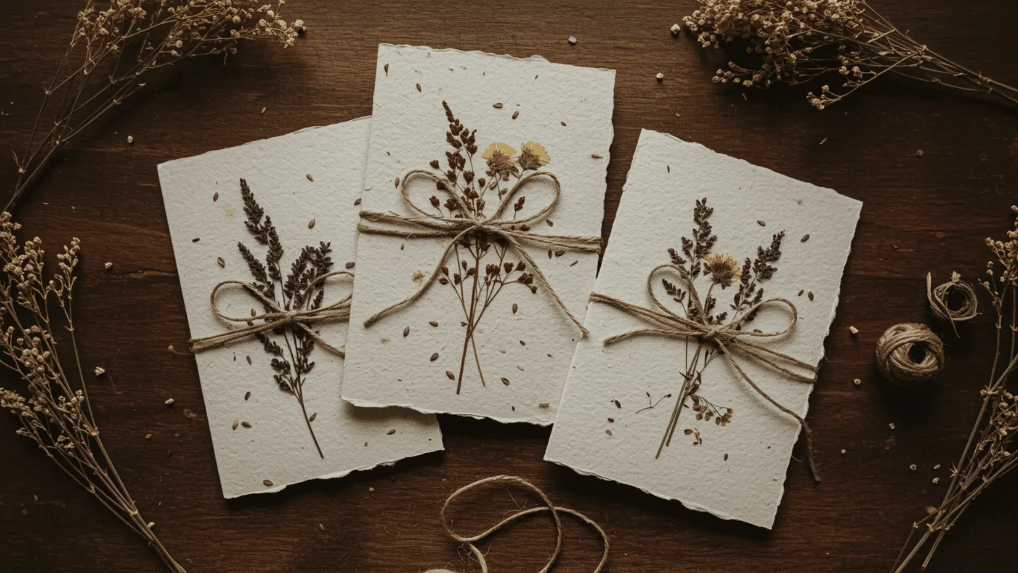 three handmade seed paper cards tied with twine on wood beside dried flowers