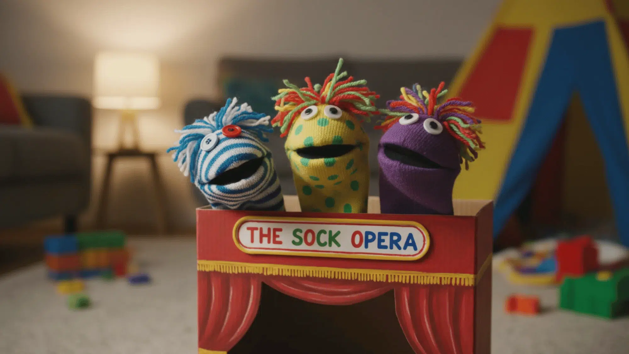 three handmade sock puppets peeking over a cardboard theater with painted curtains