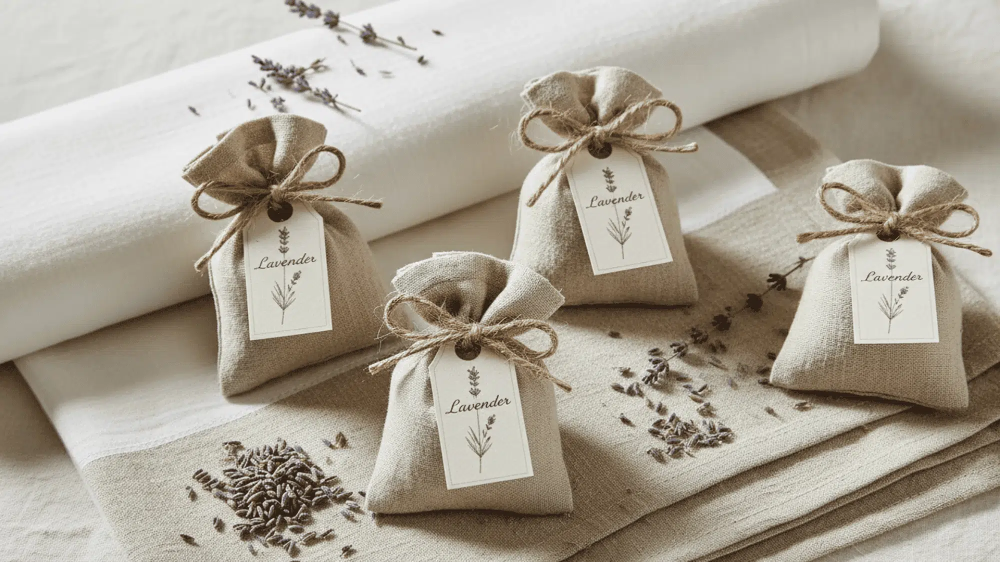 three linen drawer sachets with twine ties on folded linens beside dried lavender