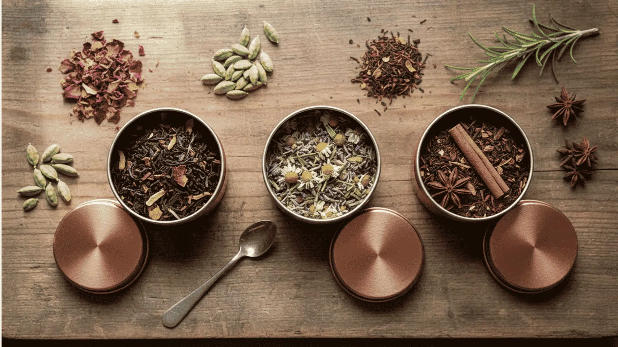three open tins of loose-leaf herbal tea on a wooden board with dried herbs