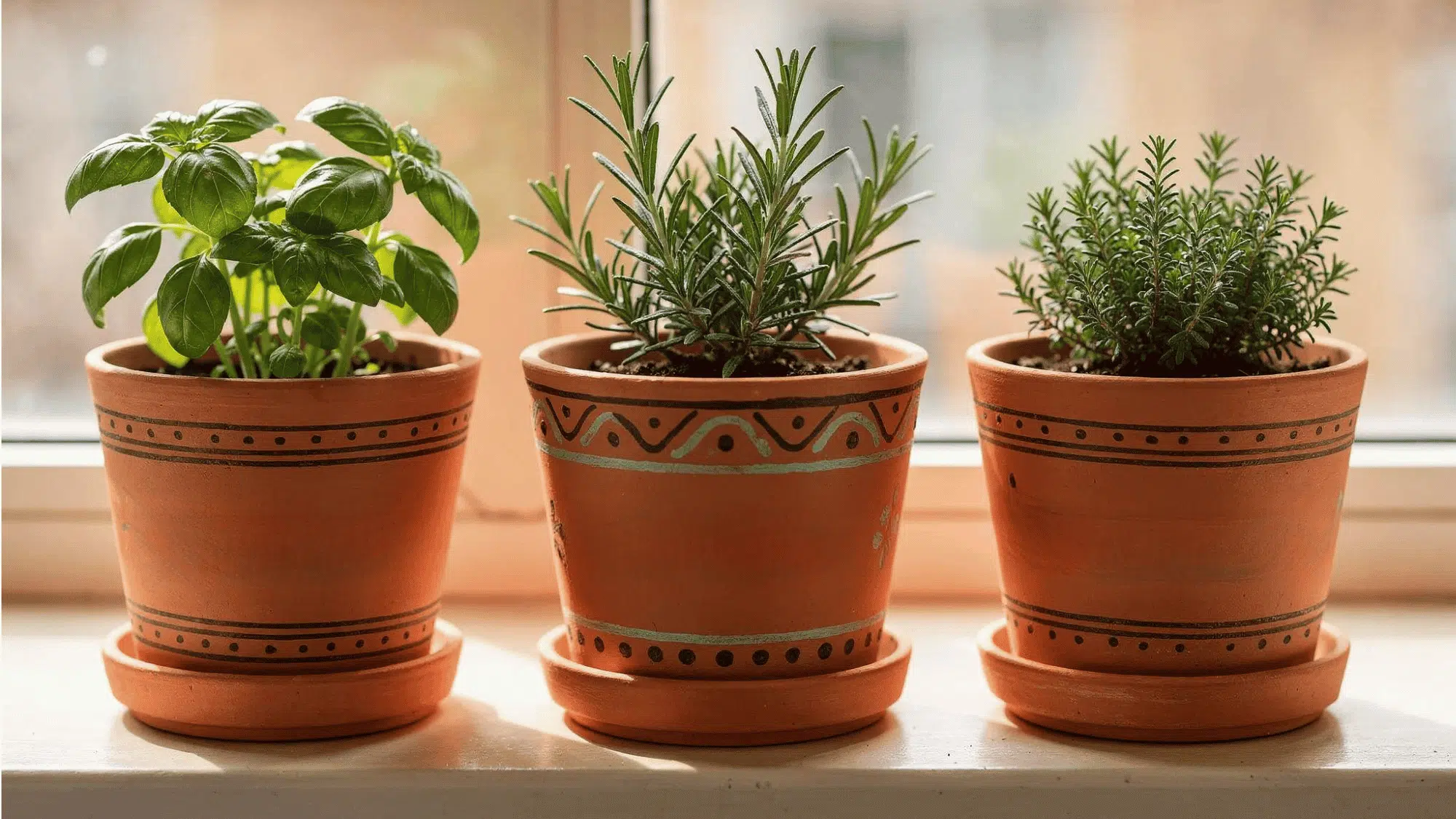 three painted terracotta pots planted with fresh herbs on a sunny windowsill