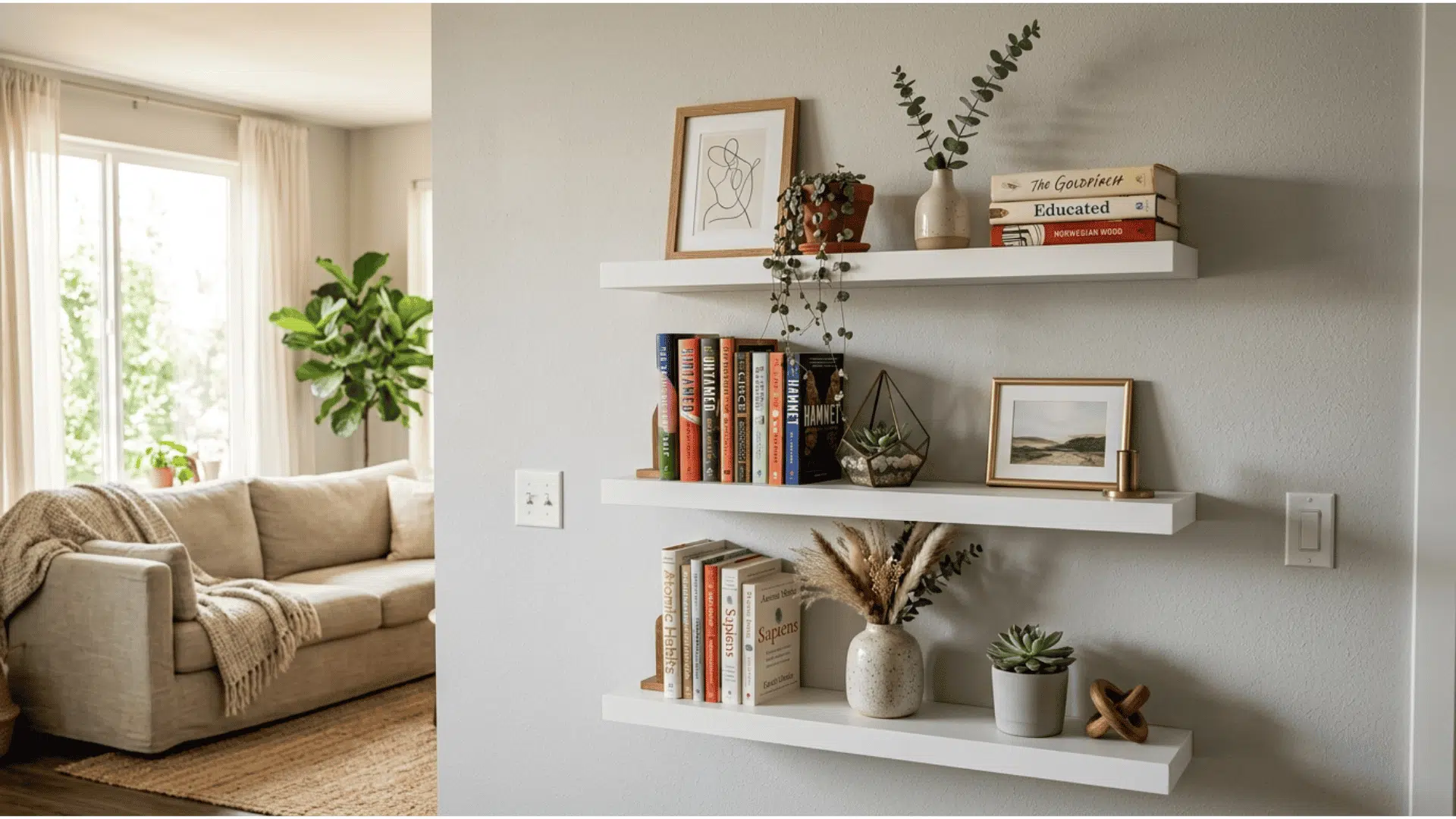 three rustic wooden floating shelves styled with a mix of books a framed black and white photo decorative objects and a trailing pothos plant above a grey sofa