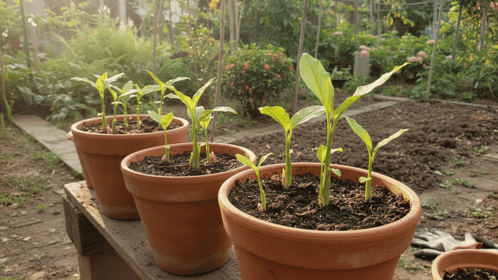 three terracotta pots with young turmeric plants sit on a bench in a sunny garden beside a prepared soil bed (1)