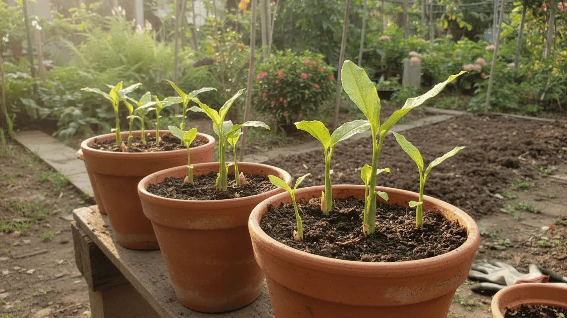 three terracotta pots with young turmeric plants sit on a bench in a sunny garden beside a prepared soil bed (1)