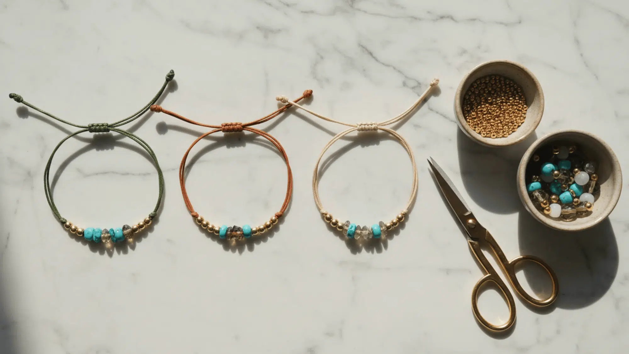 three waxed-cord friendship bracelets with beads laid out on a marble surface