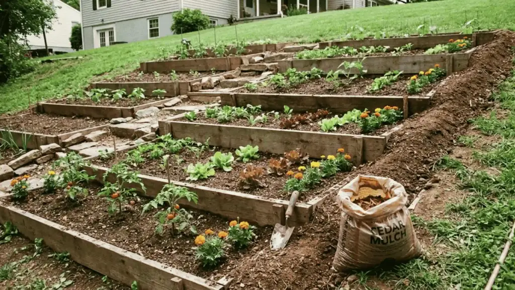 tiered garden beds with raised soil berms built along a sloped backyard
