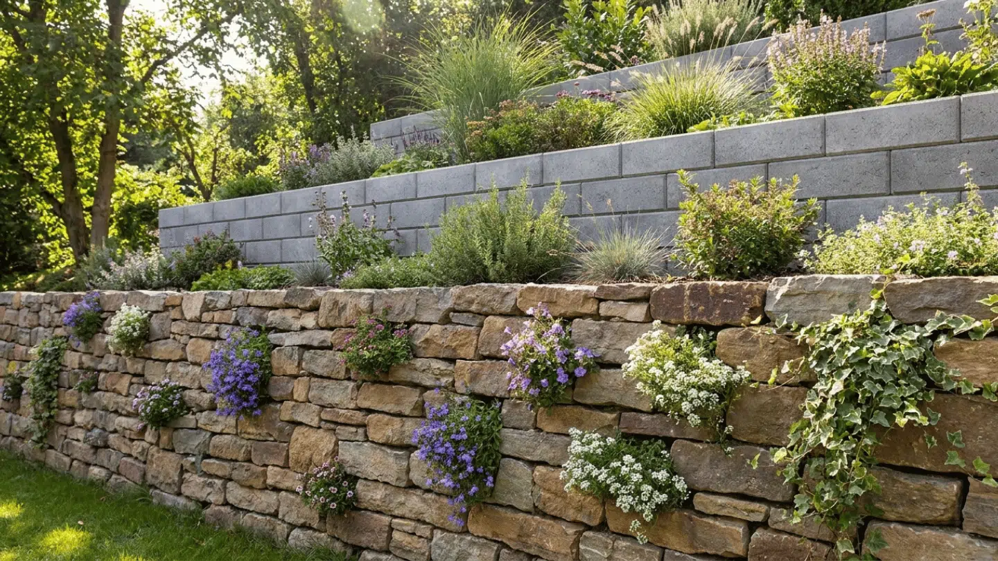 tiered stone retaining walls with flowering plants ornamental grasses and cascading blooms in sunny landscaped garden