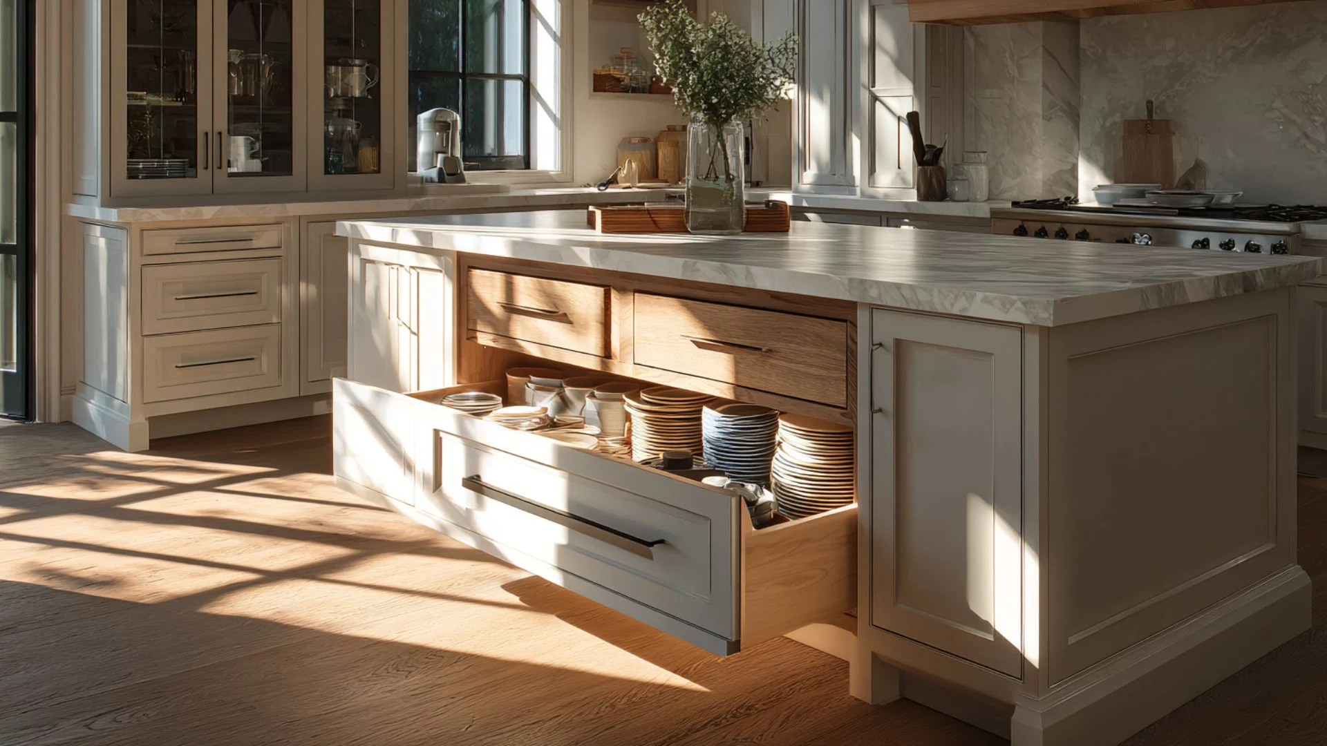 deep kitchen island drawer pulled open revealing stacked ceramic plates organized neatly in warm wood interior
