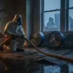 Worker in protective suit with hose in dimly lit room with fans and city view