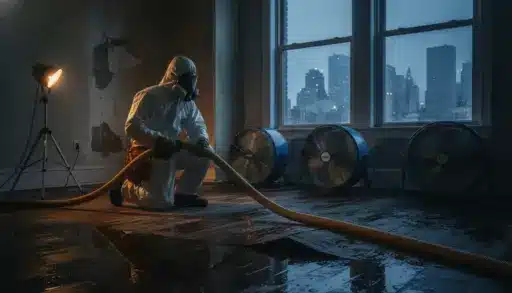 Worker in protective suit with hose in dimly lit room with fans and city view