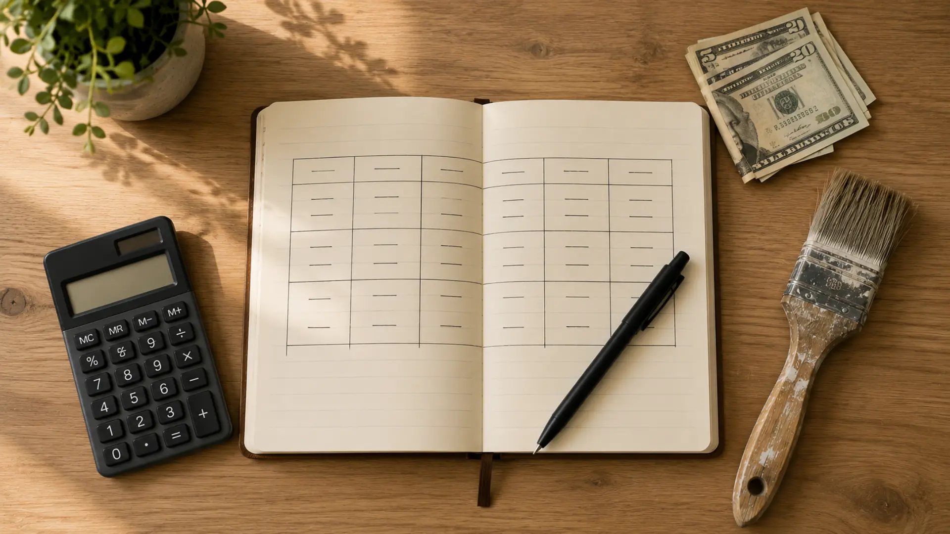 a realistic top-down flat lay on a warm light wood desk surface showing an open notebook center frame with a hand drawn simple table grid on the page containing only short pen stroke placeholders with no readable numbers or words, a pen resting diagonally across the open page, and beside the notebook a small calculator, a few folded bills, and a worn paintbrush with dried paint on the bristles, all under soft warm natural window light from the upper left to represent tracking costs and profits in furniture flipping