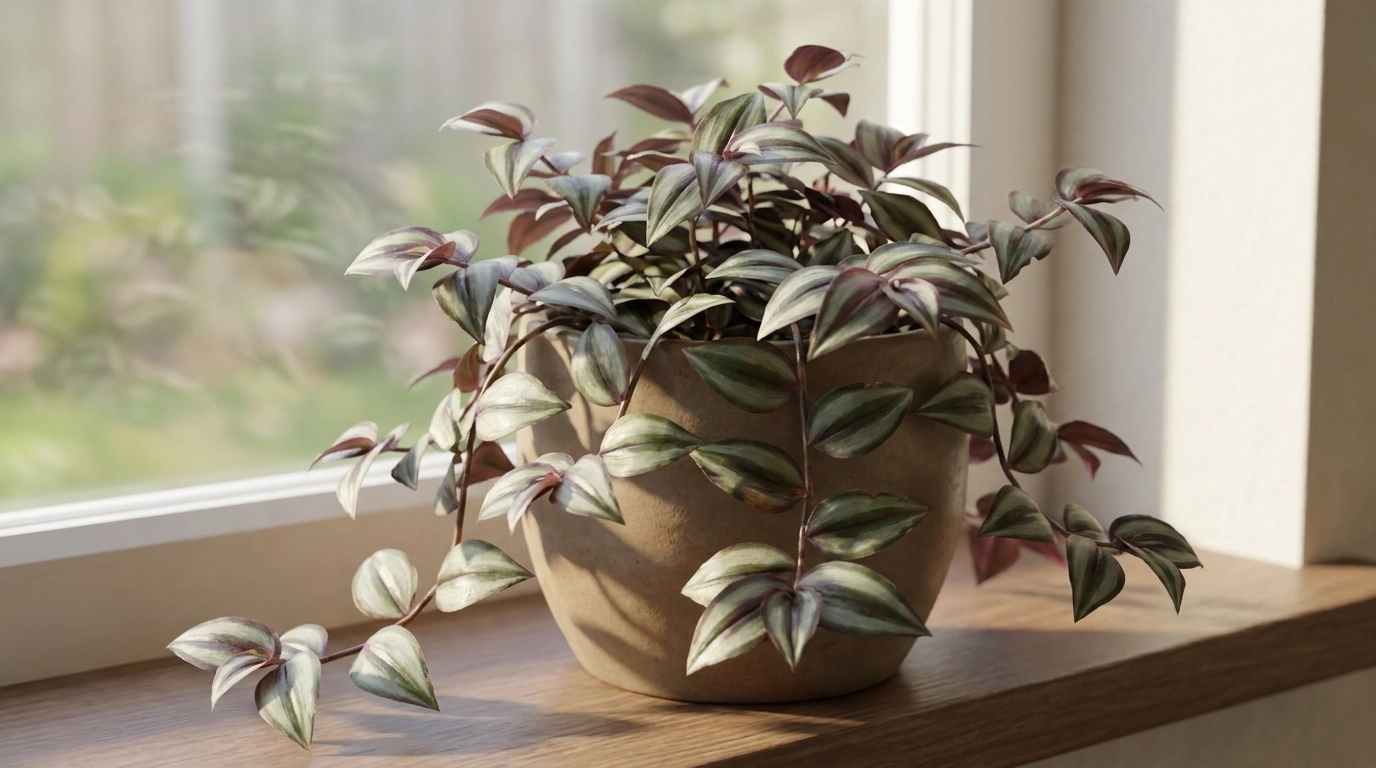 tradescantia zebrina plant in a brown ceramic pot on a wooden windowsill in soft natural sunlight