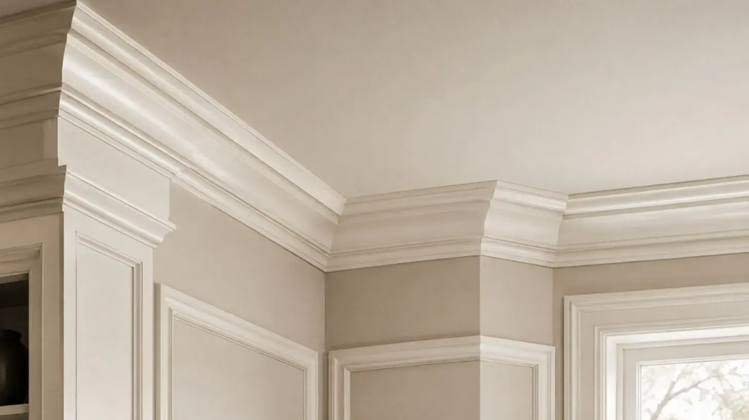 ornate traditional colonial crown molding with layered profile in a bright corner room