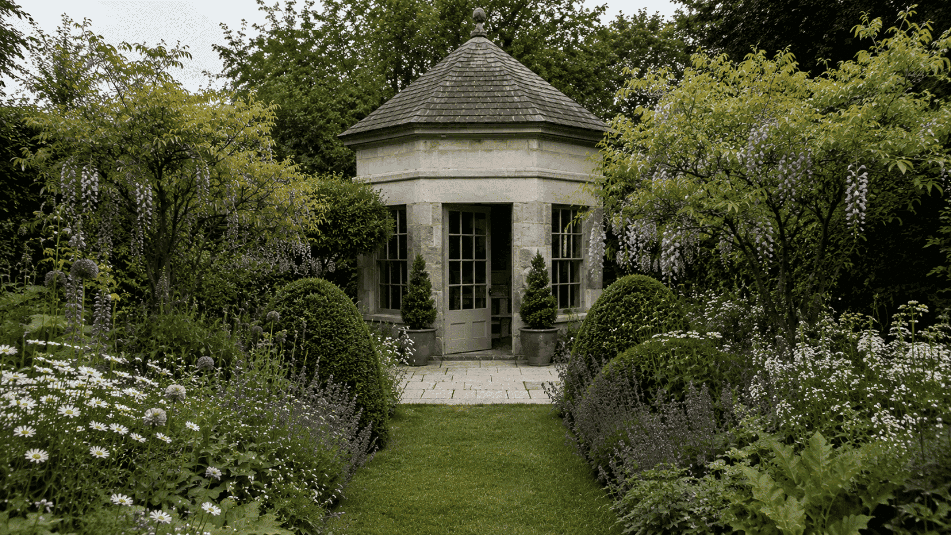 traditional english cottage garden with dense flowers winding paths and arbors (1) (1)