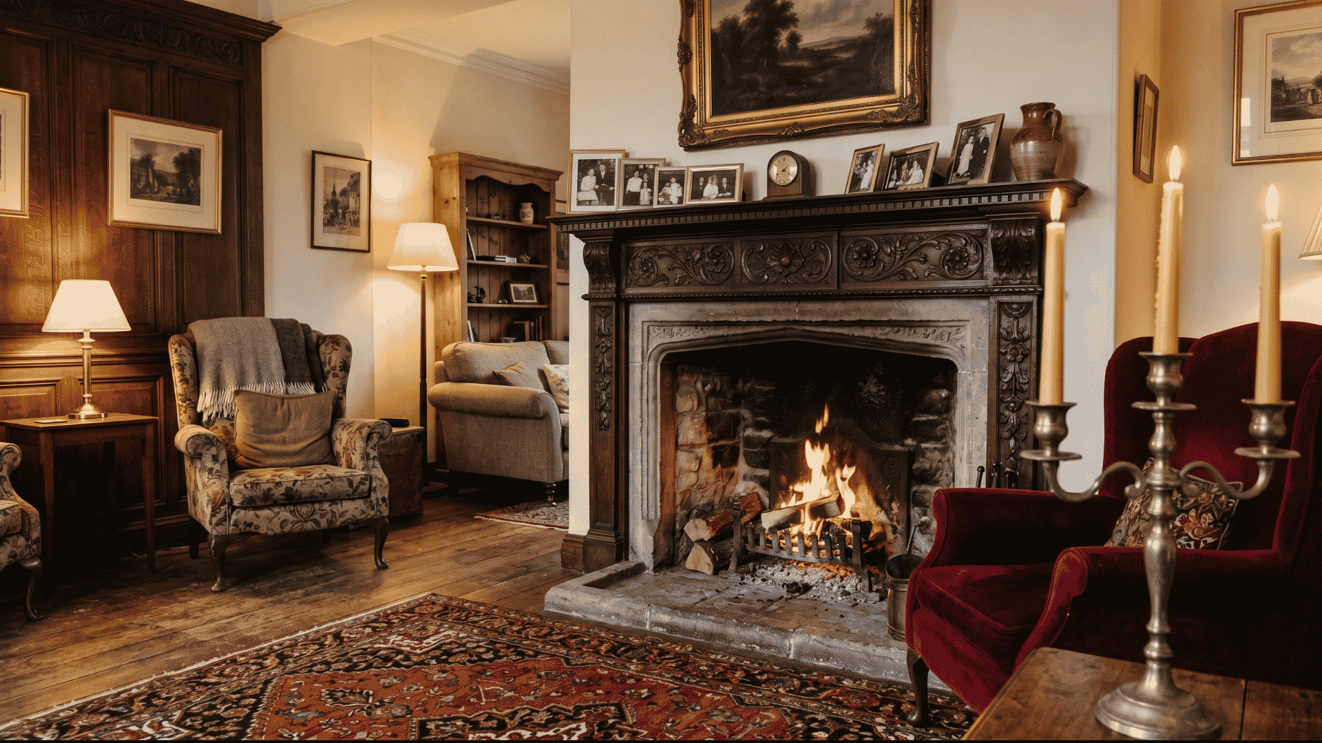 traditional living room with carved wood fireplace red velvet armchairs antique decor and warm firelight creating a cozy classic atmosphere