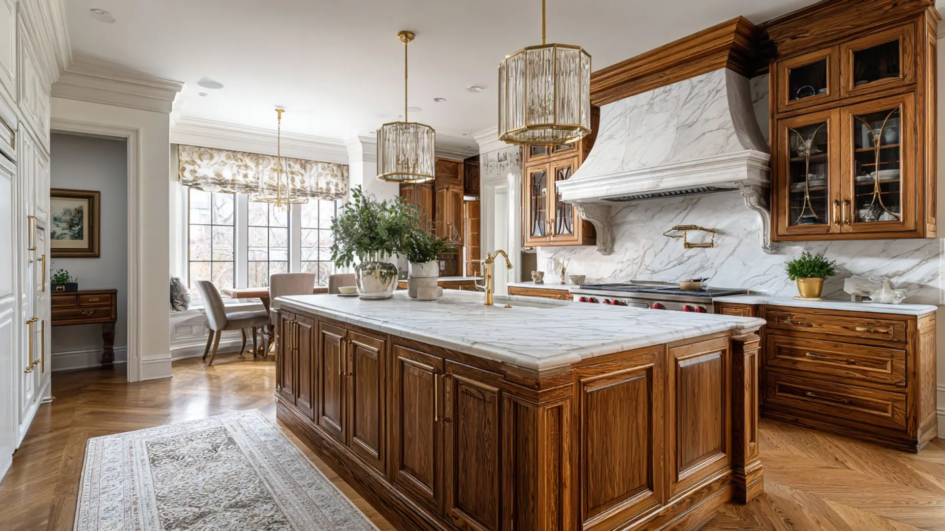 traditional raised-panel kitchen island in rich stained wood with marble countertop and brass hardware