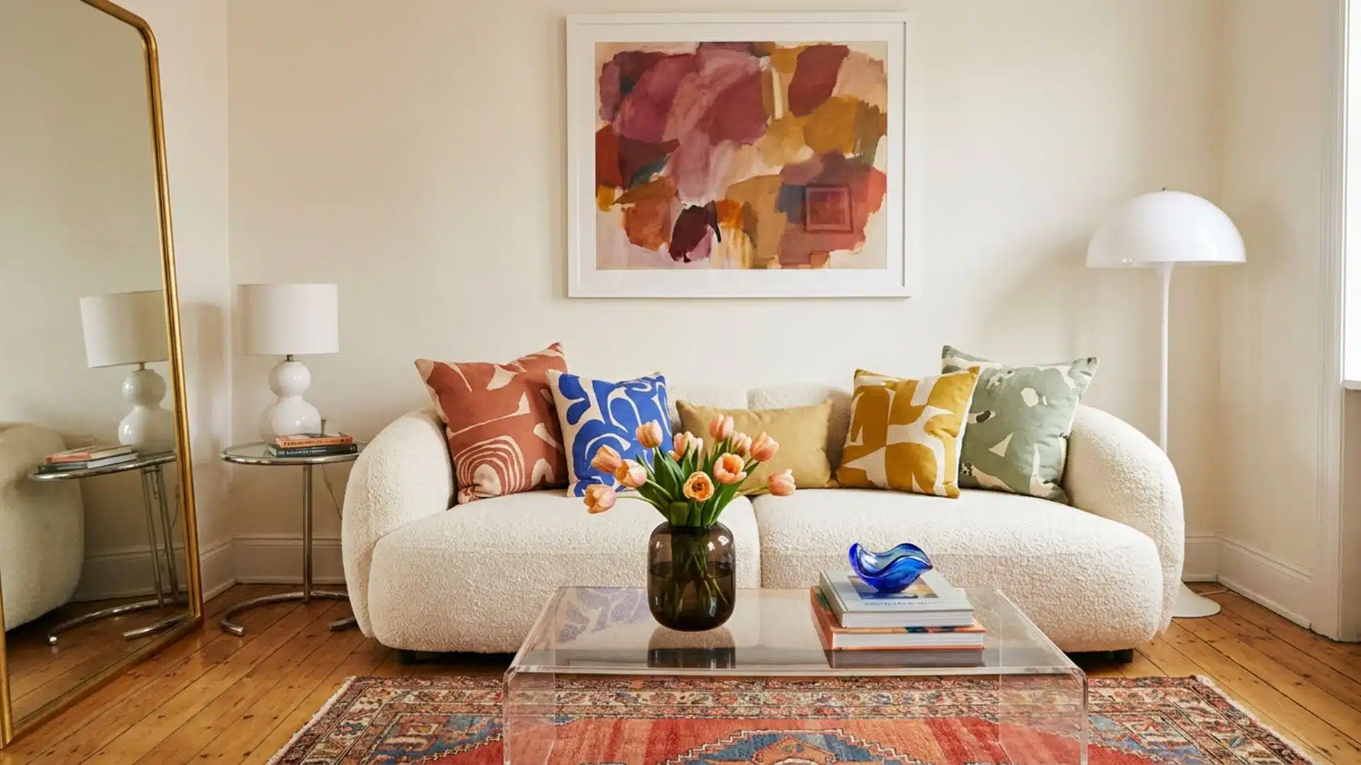 a transparent acrylic coffee table and side furniture keeping a colorful small living room visually open and airy