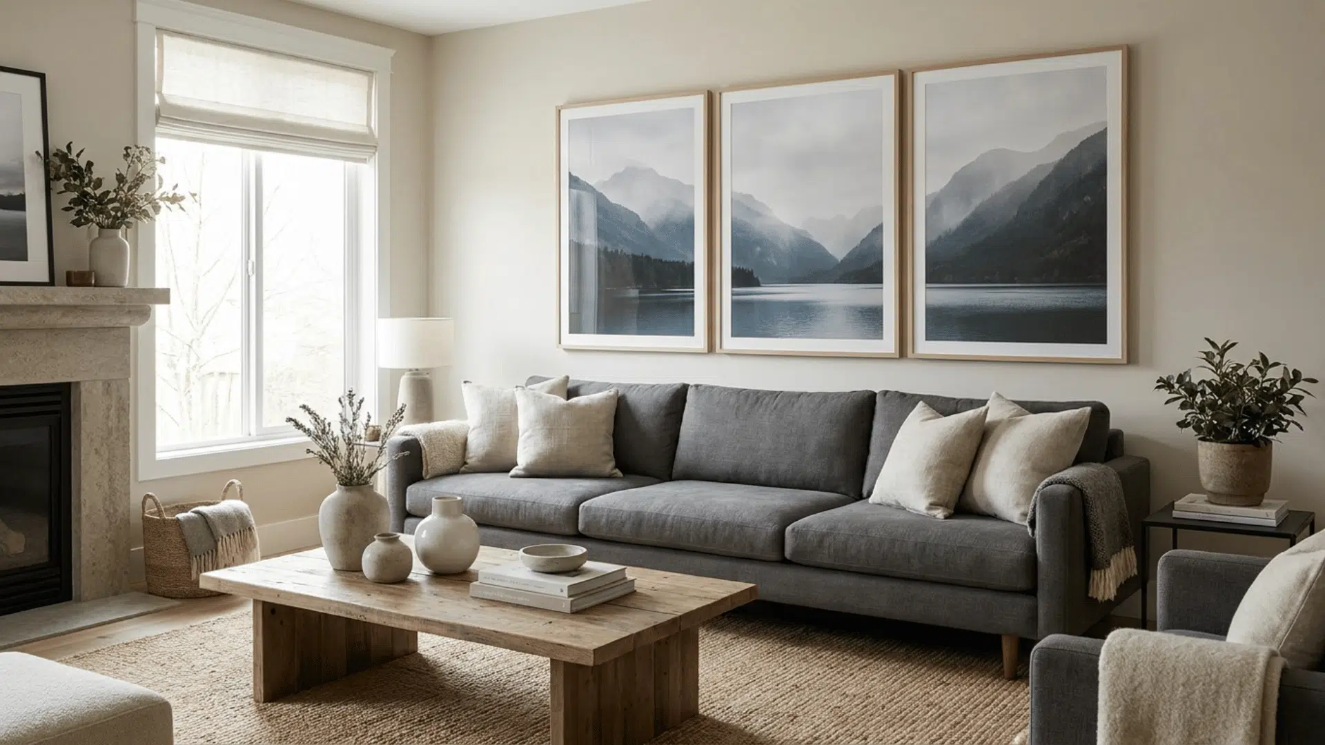 triptych wall art displaying panoramic landscape across three matching frames
