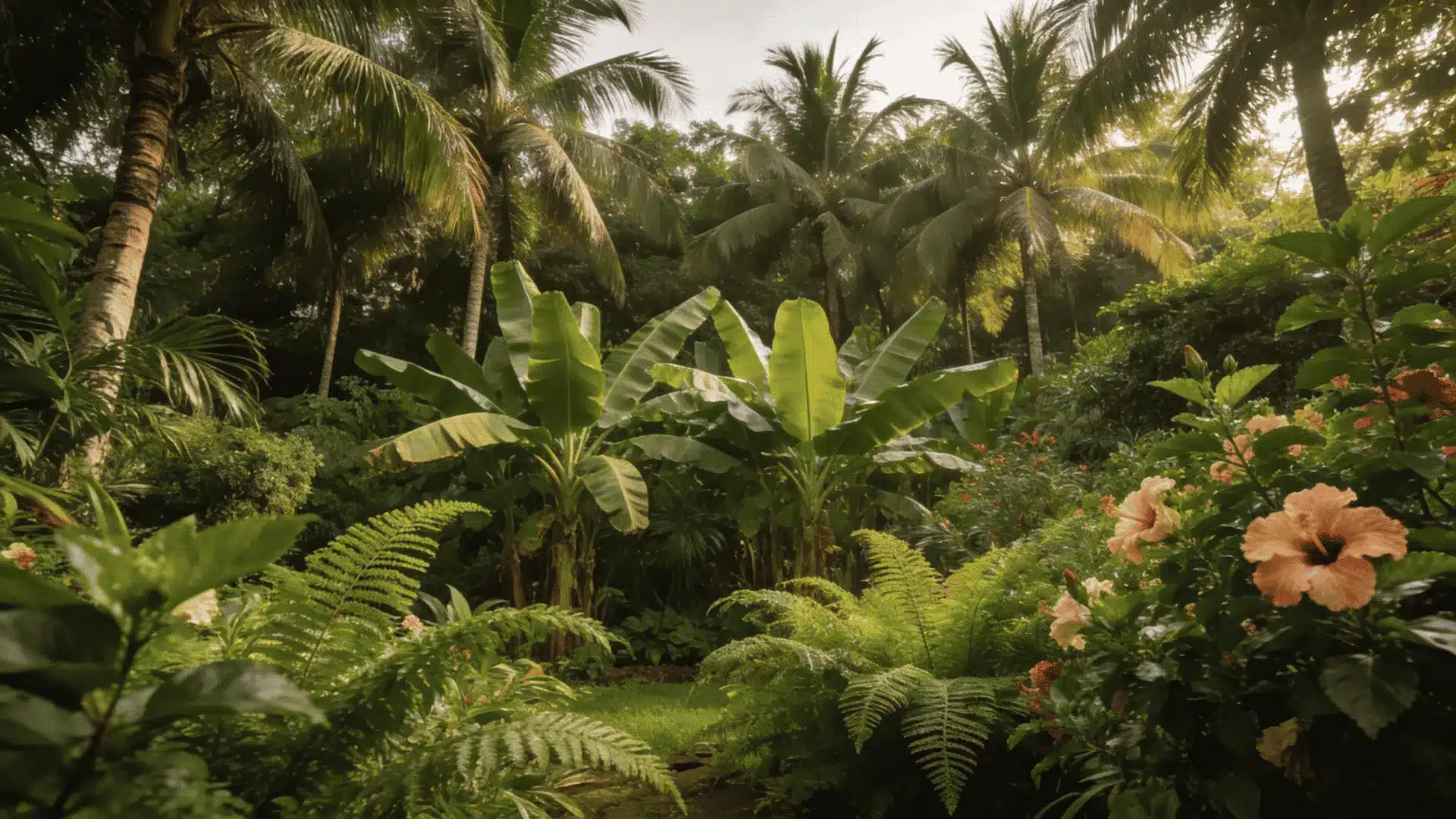 lush tropical garden with tall palms banana leaves ferns and peach hibiscus flowers in soft afternoon light