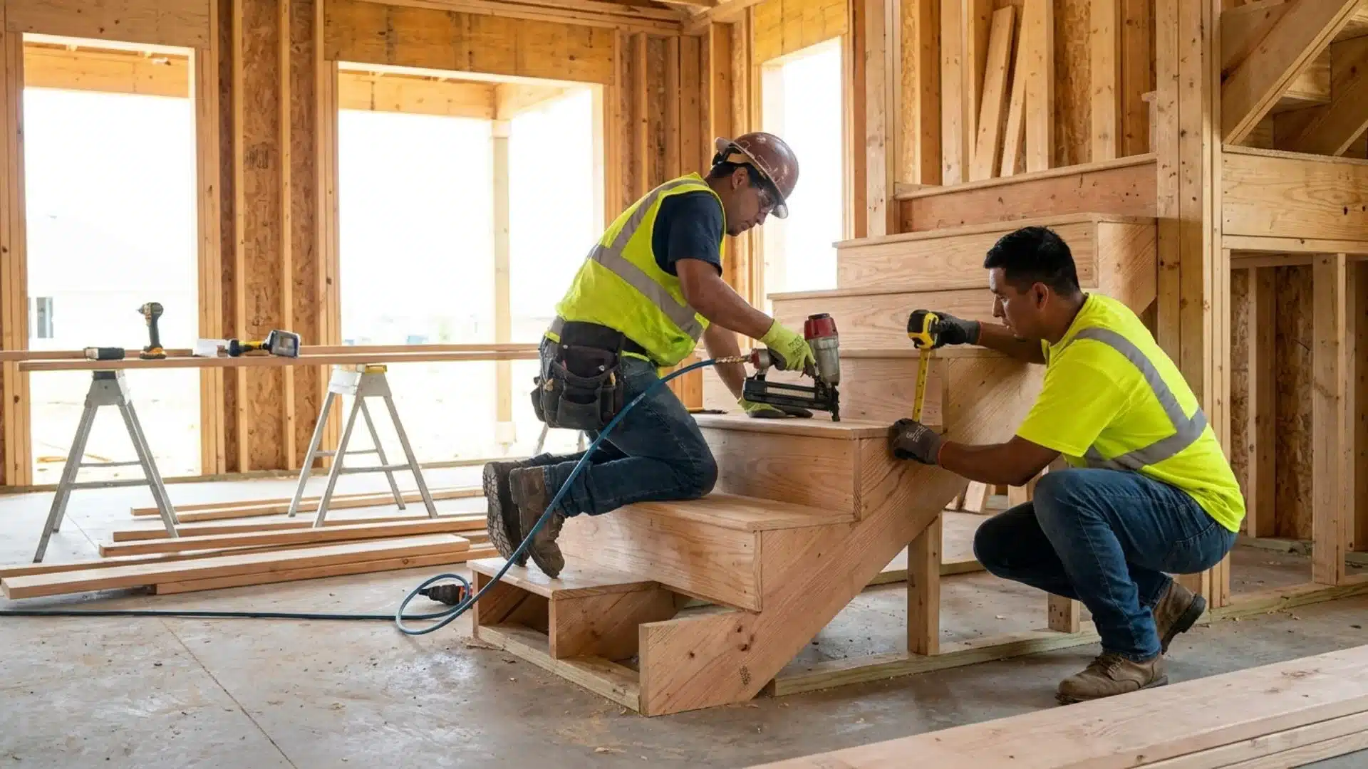 Two construction workers measuring and building a wooden flight of stairs inside a residential house framing