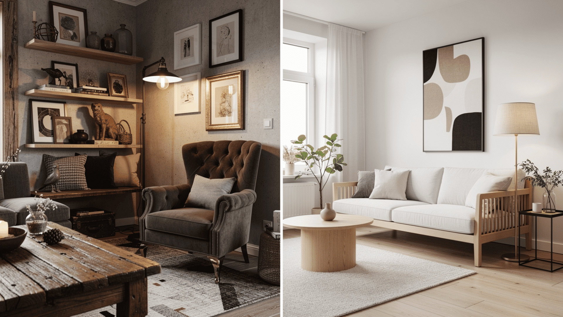 two contrasting living room styles side by side showing a dark moody eclectic room with a velvet wingback chair and mixed art on the left and a clean minimal scandi room with a wooden sofa frame a